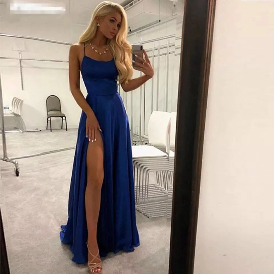 Vestido largo Formal De noche con tirantes finos para mujer, traje De fiesta elegante con abertura en color azul real, 2020