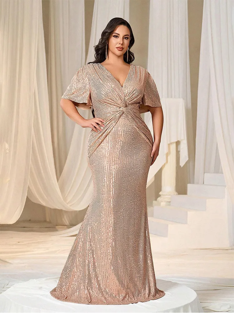 Plus Size V-Neck Apricot Sequined Short-Sleeved Floor-Length Loose Evening Dress 4xl 5xl Big Size Wedding Holiday Evening Dress