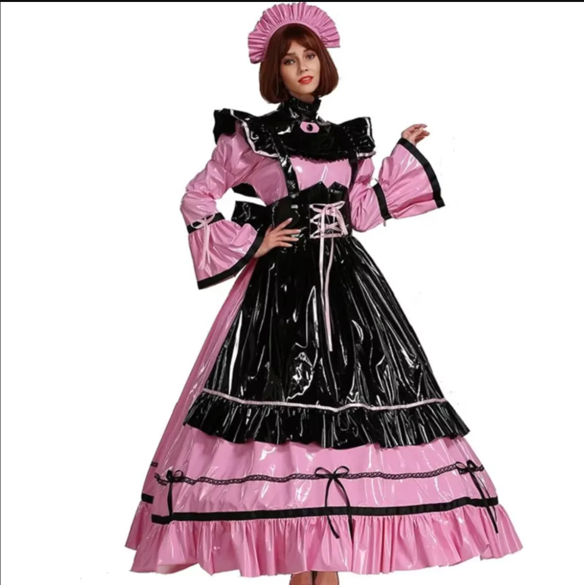 

French Sexy Adult Custom Fetish Cross Dressing Sissy Glossy PVC Flared Sleeves Independent Cross Apron Long Dress