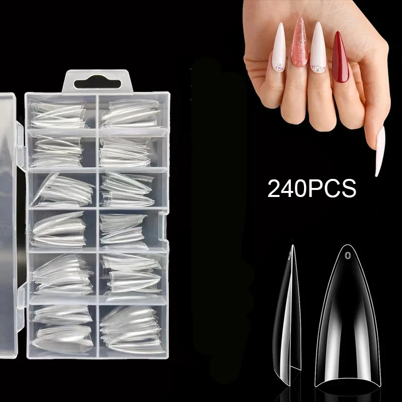 240 piezas de puntas de uñas postizas transparentes, uñas postizas de media cubierta en 12 tamaños, puntas de uñas con forma de tacón de aguja, uñas para salón de uñas y caja de bricolaje para el hogar