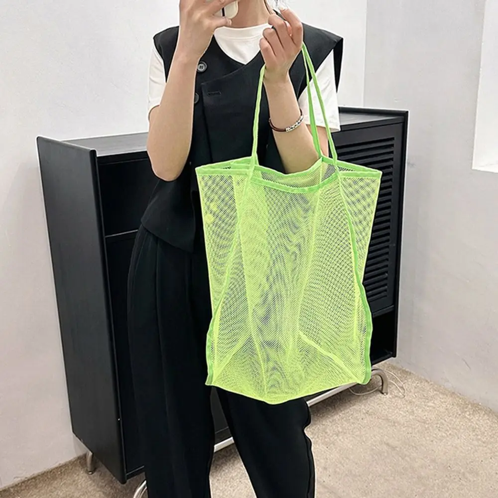 Fashion Large Capacity Beach Bag Solid Color New Style Transparent Mesh Bag Sports Shoulder Pouch Tote Handbag Girls