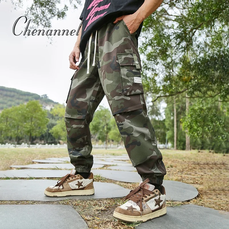 

Men's Spring Autumn Work Pants, Military Green Camouflage Logging Loose Sporty Cargo Trousers