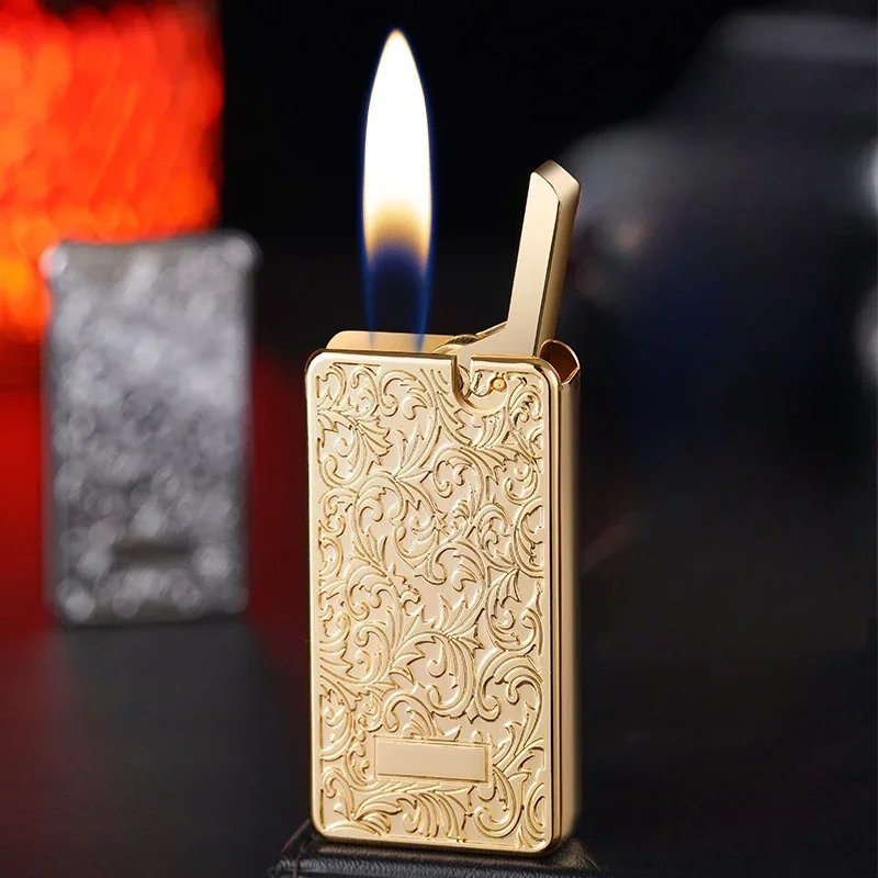 

Metal Plating 3D Relief Inflatable Lighter One click Ejection Grinding Wheel Ignition Butane Gas Lighter Smoking Gifts For Men