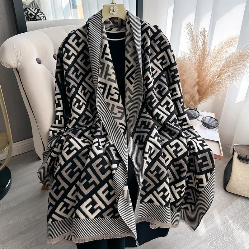 New Luxury Winter Letter Two-Sided Cashmere Jacquard Scarves High Quality Women Thicken Wrap Shawl Ladies Wool Pashmina Scarf