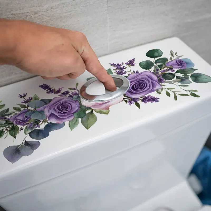 Elegant Purple Flower Toilet Sticker Self Adhesive Waterproof Wall Decal for Bathroom and Restroom Decoration