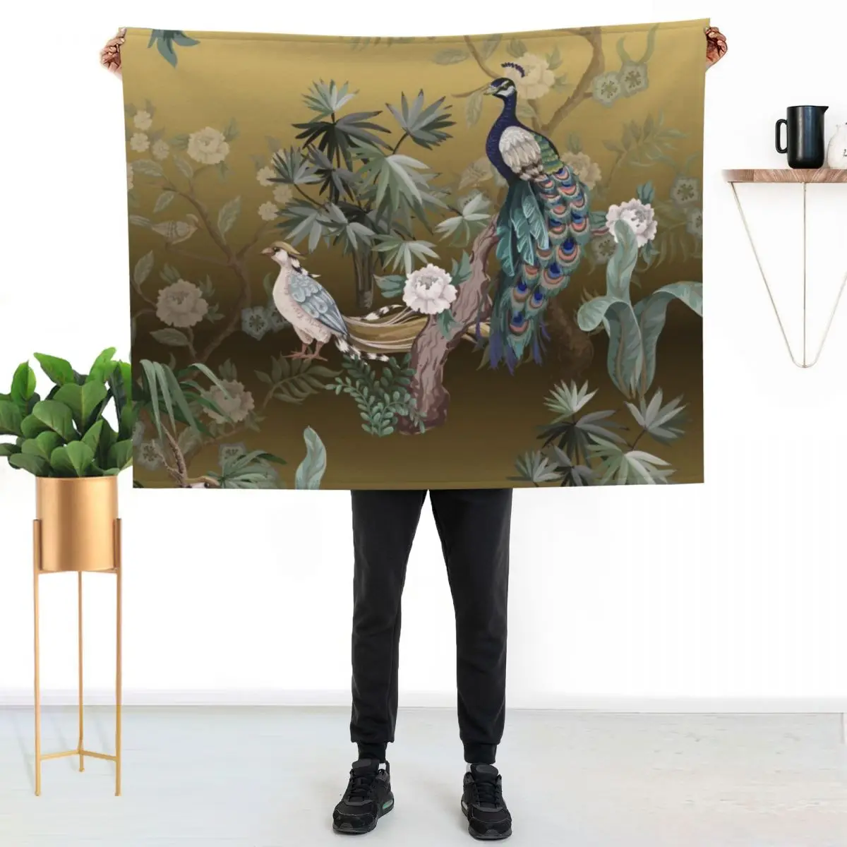Fengshui Oriental Chinoiserie - Gold Leaf Garden with Peacock and Quail Throw Blanket