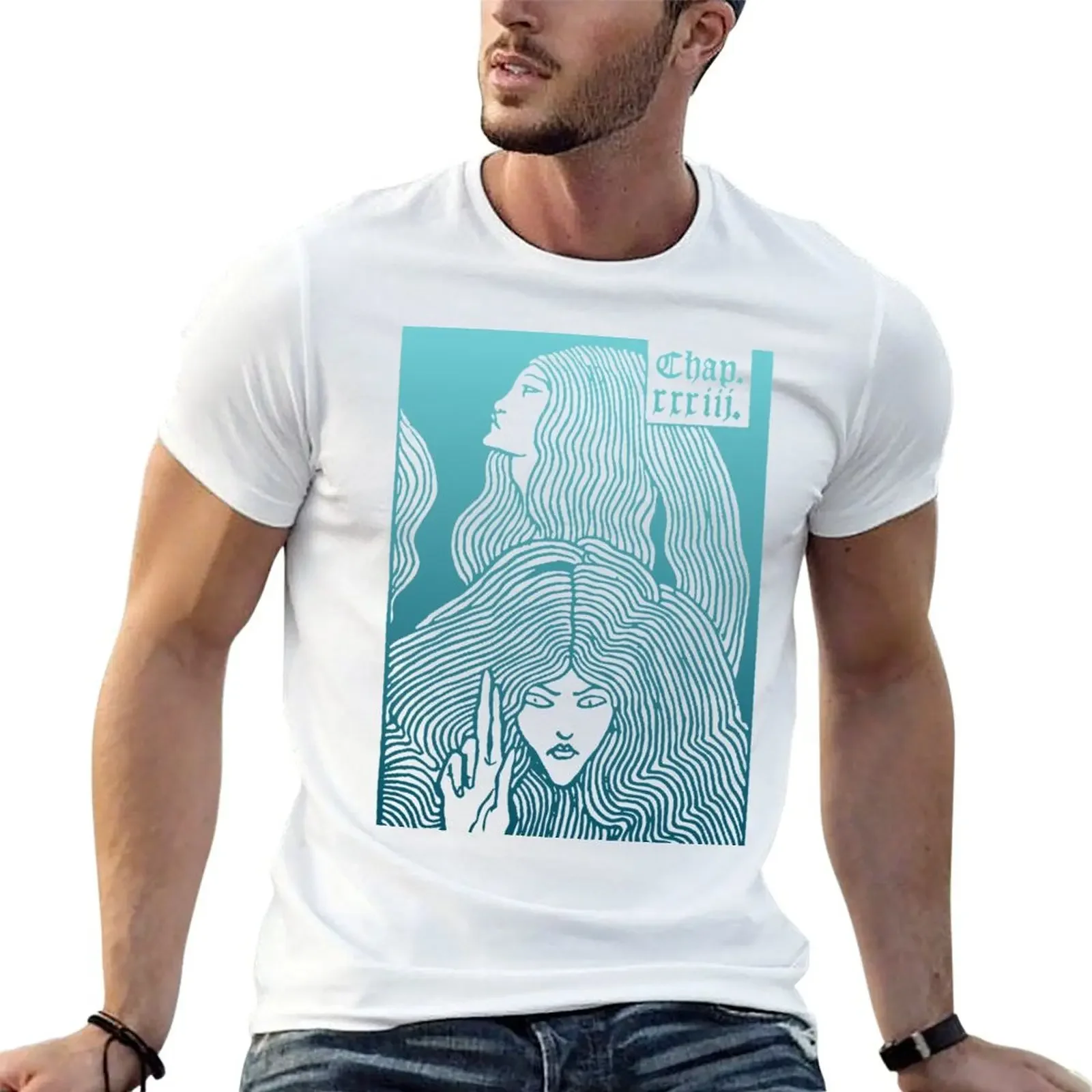 Beardsley Blue Art Nouveau - Two Women with Long Hair Gradient Blue T-Shirt funny shirt cotton boys animal print men t shirt