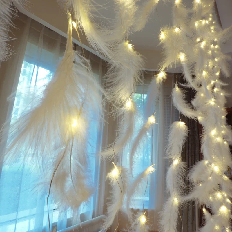 curtains, decorations, small lights, colorful  sky full. Star  room, birthday proposal,with feathers