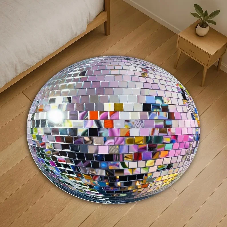 

Stage Disco Ball Circular Carpet Retro Shiny Mirror Tile Rug Personalized Fun Living Room Bedroom Floor Mat Home Decoration