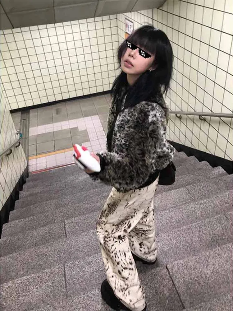 

Cleanfit American High Street Men's Casual Pants Retro Leopard Print Straight Leg Micro Flared Jeans Trendy Brand Cotton Poly...