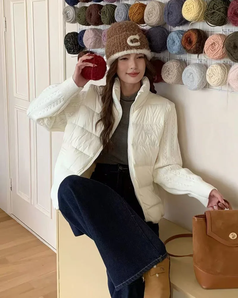 Winter Patchwork Parkas for Women Thick Warm Knitted Sleeve Splicing Puffy Coats Korean Loose Preppy Zipper Down Outwear New
