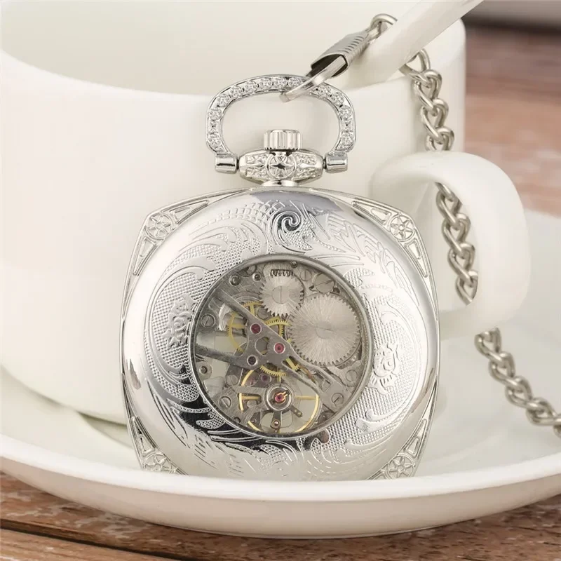 Silver Square Case Men Women Hand-Wind Mechanical Pocket Watch Roman Numeral Luminous Hands Pendant Chain Skeleton Clock
