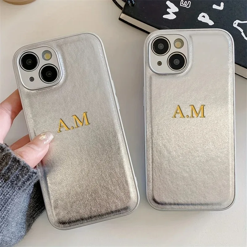 

Personalise Gold Silver Initial Letters Leather PU Soft Case For Iphone 14 13 15 Pro 16 13 11 promax 16 Plus Luxury Covers