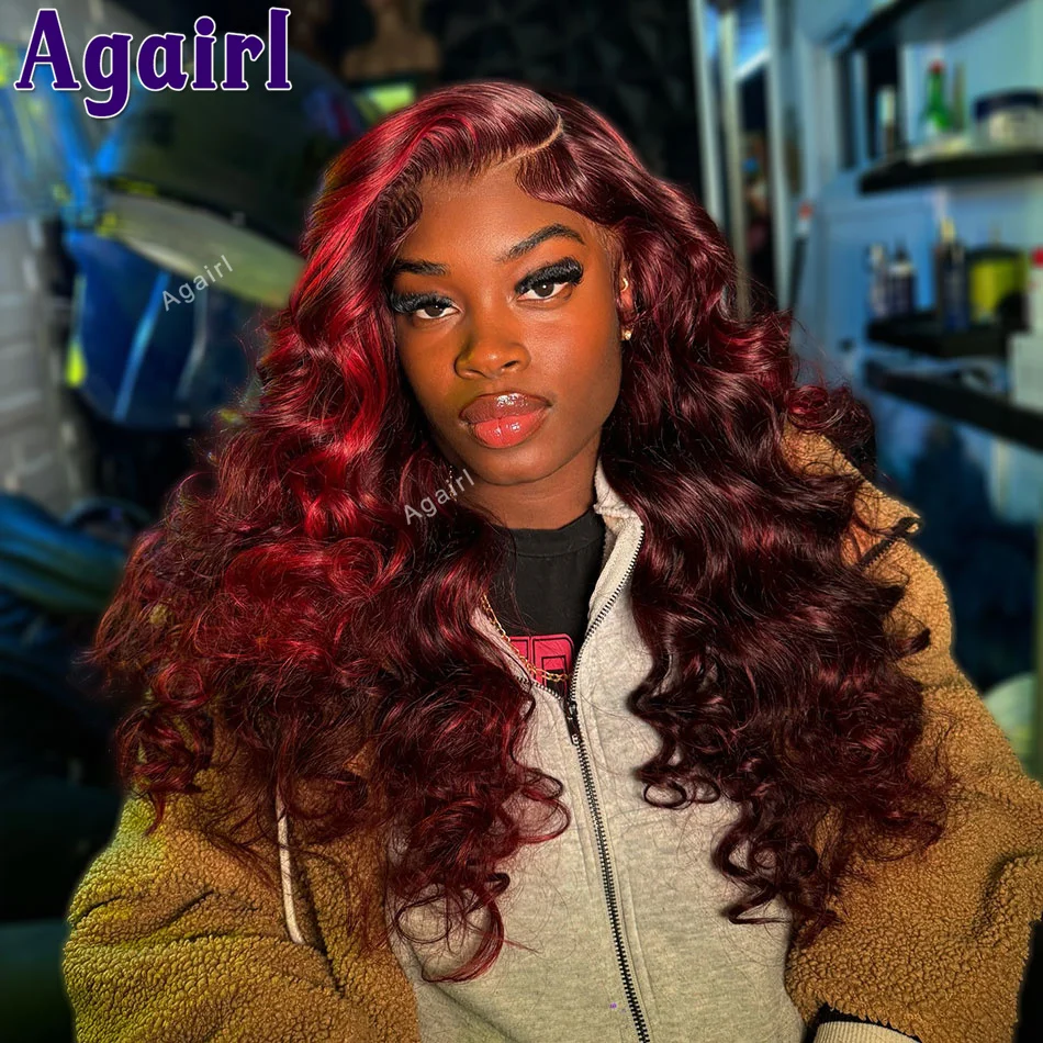 

30 32 Inch Highlight Red 99J Colored Body Wave Wigs Human Hair Brazilian Remy 13x6 13x4 Transparent Lace Frontal Wigs For Women