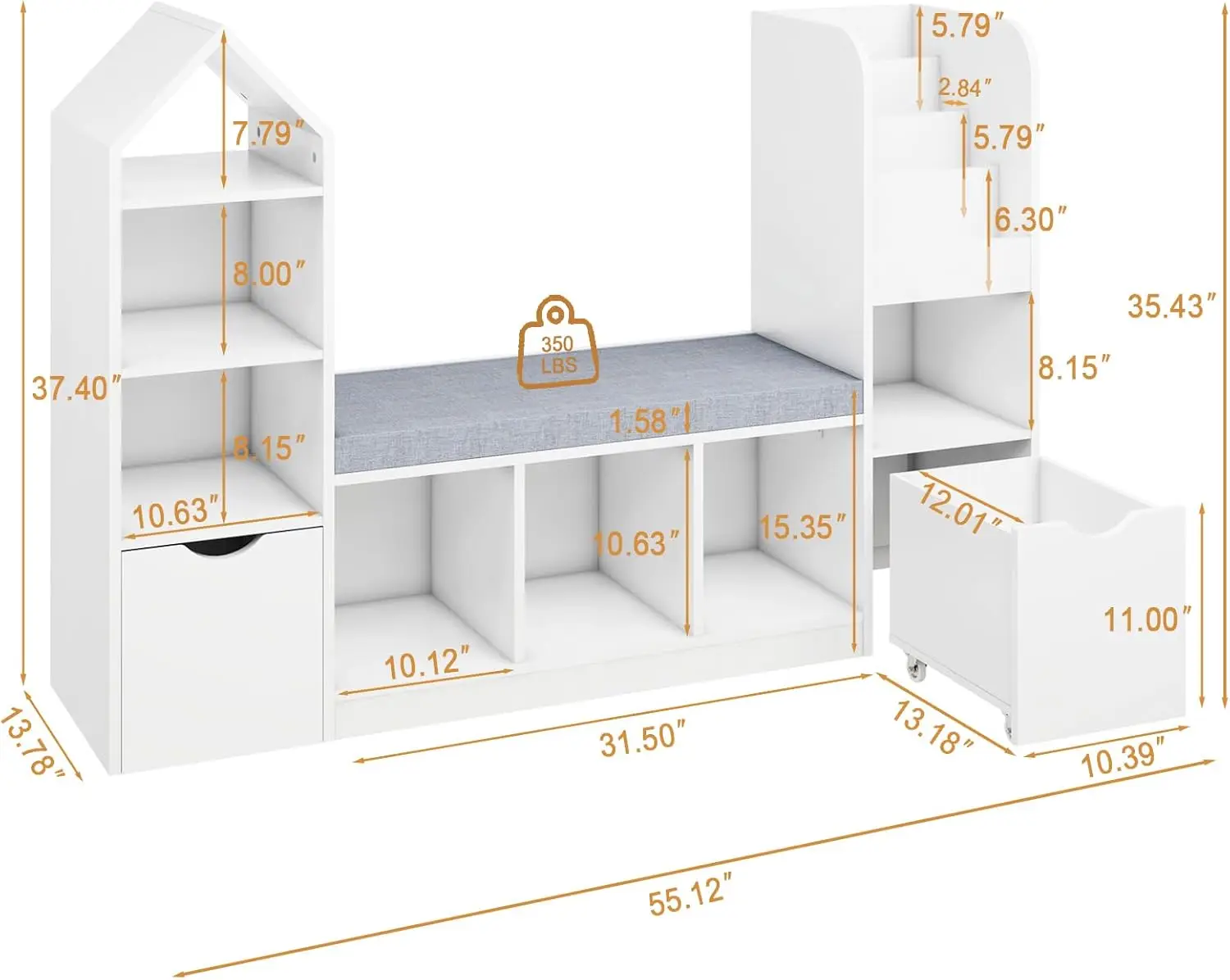 Bookcase and Bookshelf with Reading Nook, Toy Storage Organizer for Kids, White Bookcase with 7 Storage Cubbies 2 Movable Drawer