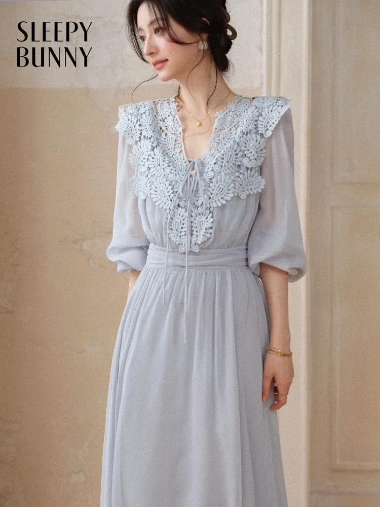 

Women Lace Patchwork Chiffon Dress Elegant V Neck Maxi Dress Puff Sleeve Flowing Long Slim Fit Summer Vacation Outfit Lady Style