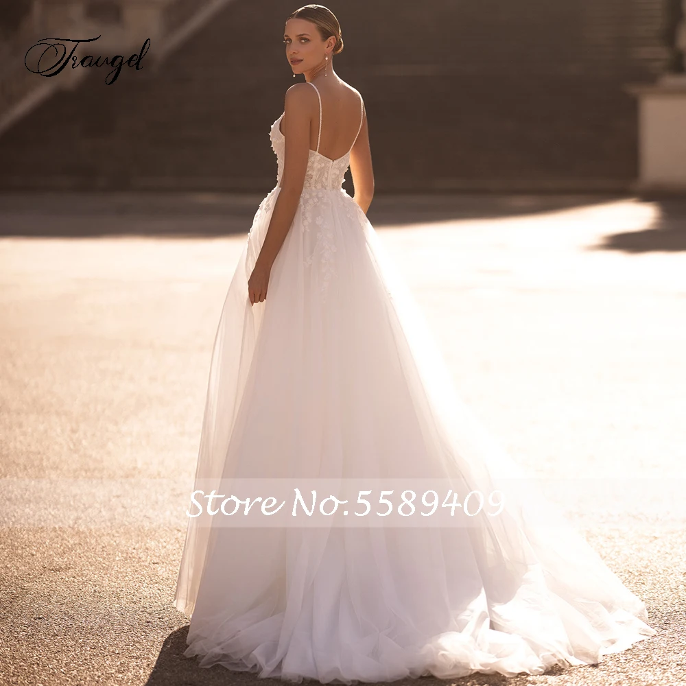 Traugel Sexy Backless Sweetheart Spaghetti Straps Wedding Dresses Delicate Appliques Beaded Court Train A Line Bridal Gown