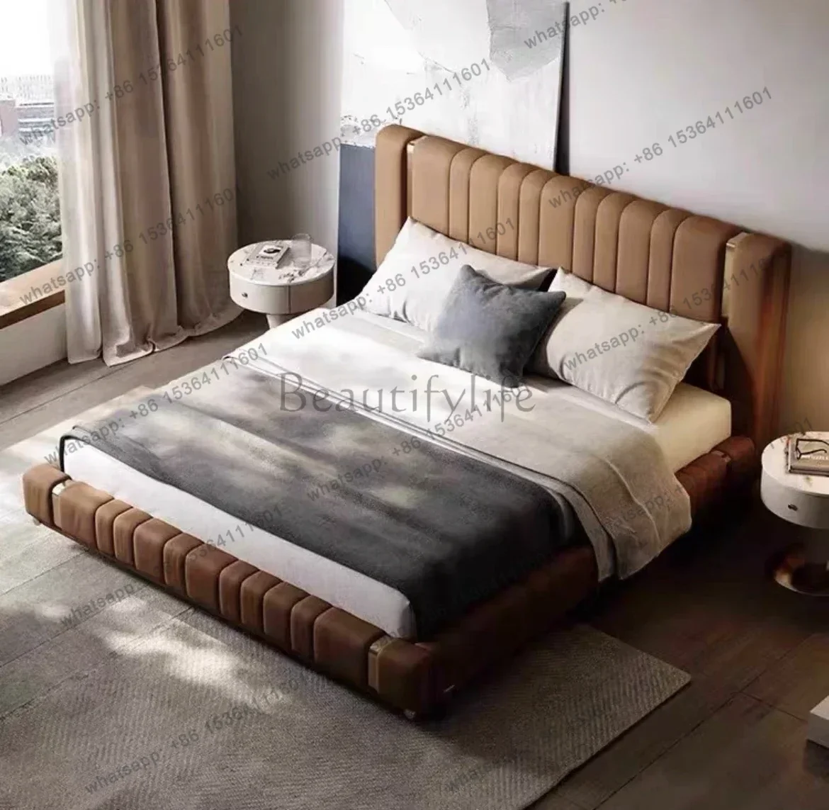 zj.Luxurious leather bed modern simple large flat bed master bedroom designer high backrest soft package stainless steel double