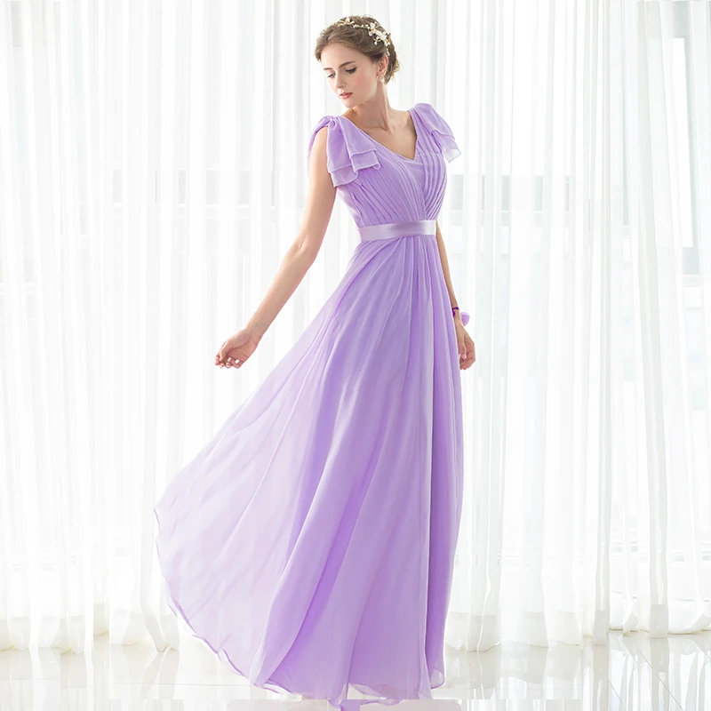 Vestidos de dama de honor lilas, línea A, cuello en V, largo hasta el suelo, gasa, fiesta de boda