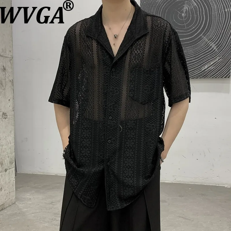 

WVGA Spring Autumn New Man Tide Hollow Out Jacquard Design Trendy Short Shirt Niche Chic Casual Turn-Down Collar Tops Ins W21165