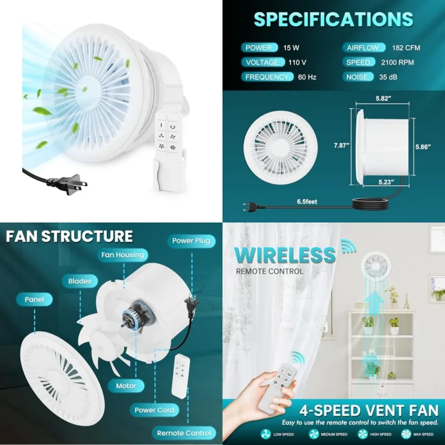 

6 Inch Bathroom Exhaust Fan One-Way Ventilation Fan with Backdraft Damper and Remote Control, 4-Speed 2100 RPM 182 CFM Low Nois