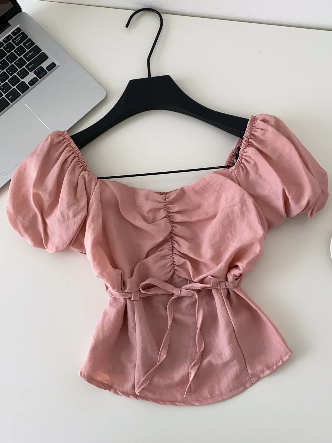 

Summer Women's Shirt Korean Style Loose Waist Tie Bubble Sleeve Square Collar Commuter Top Skin-friendly Breathable Polyester...