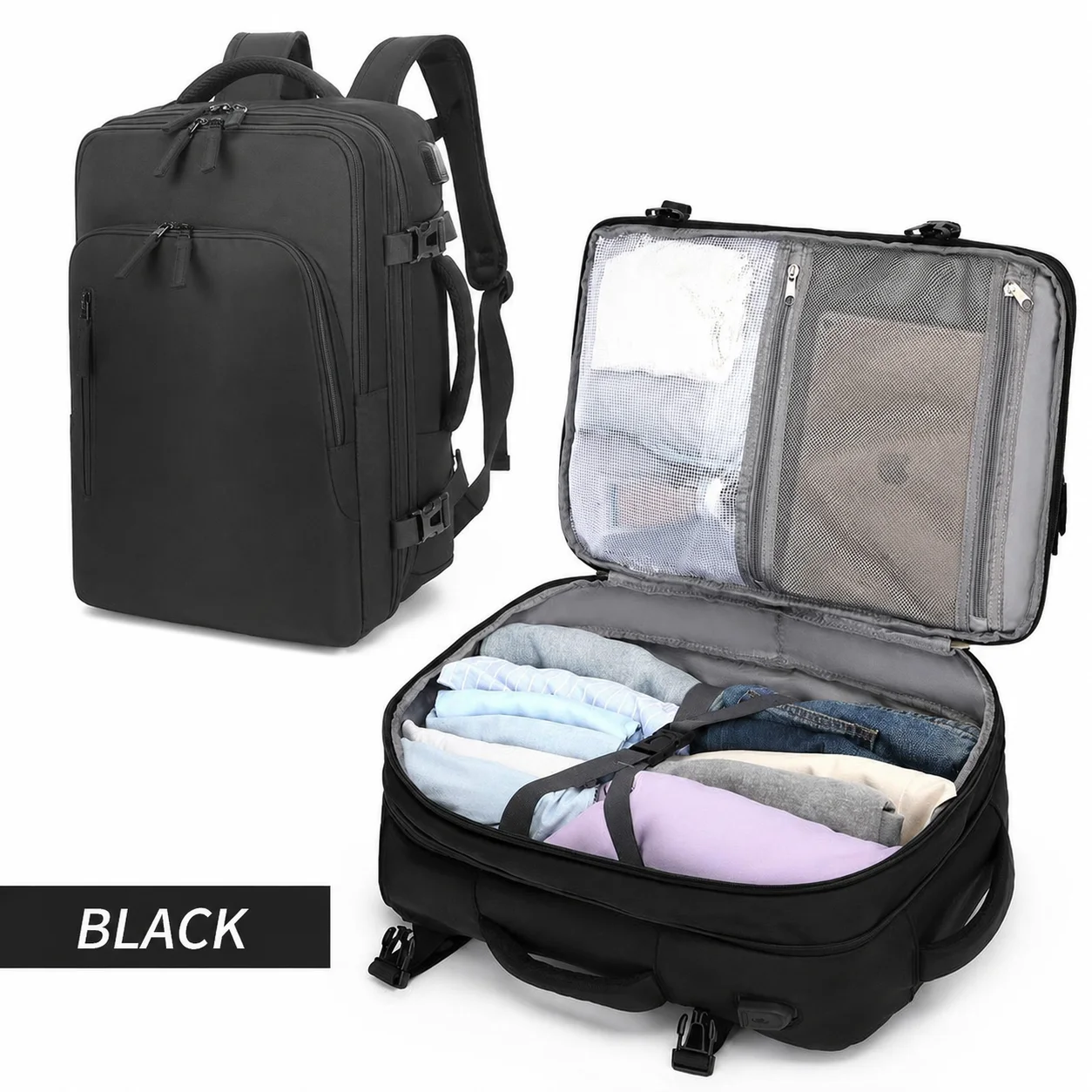 Carry On Travel Backpack 40L Expandable 180 Degree Opening Luggage Bag 15.6 Inch Laptop Compartment for Men Women Weekend Trip