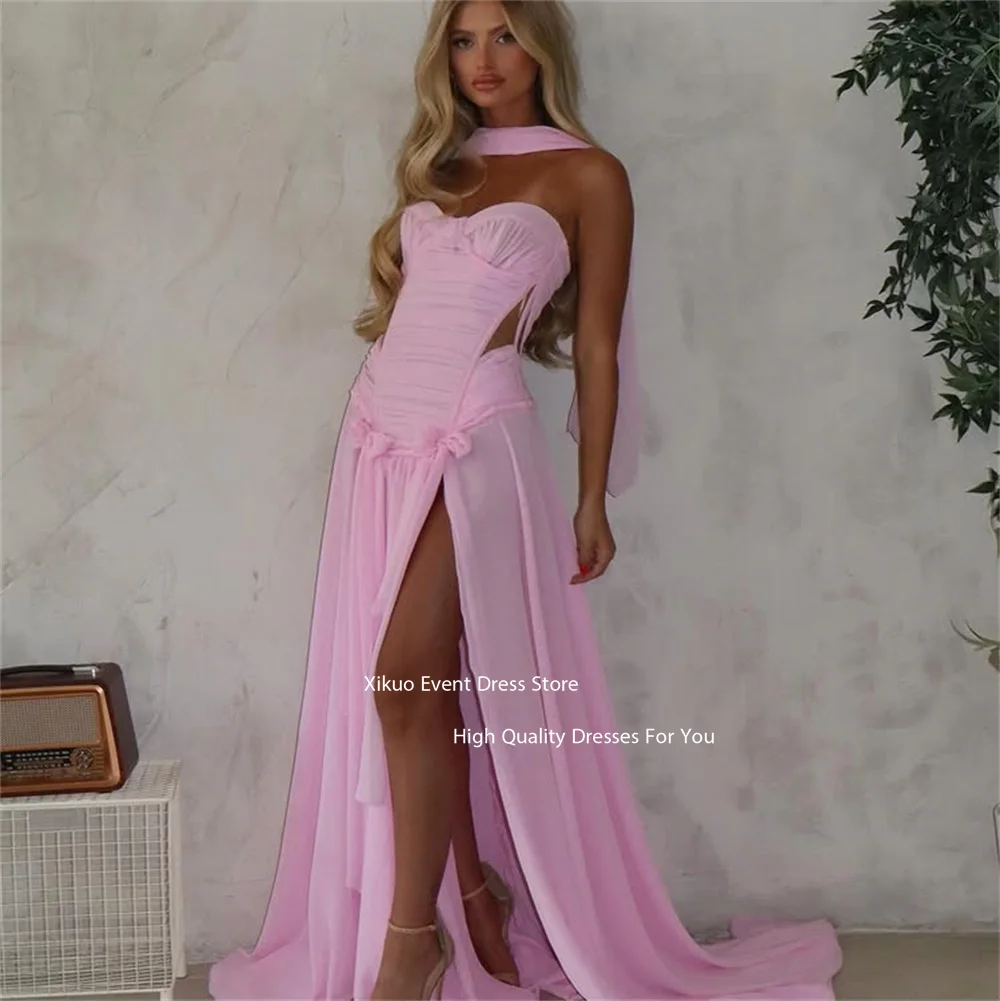 Xikuo ピンクシフォンイブニングドレスハイスリットリボン恋人ローブ夜会ファムエレガントなロングパーティードレス女性カスタマイズ