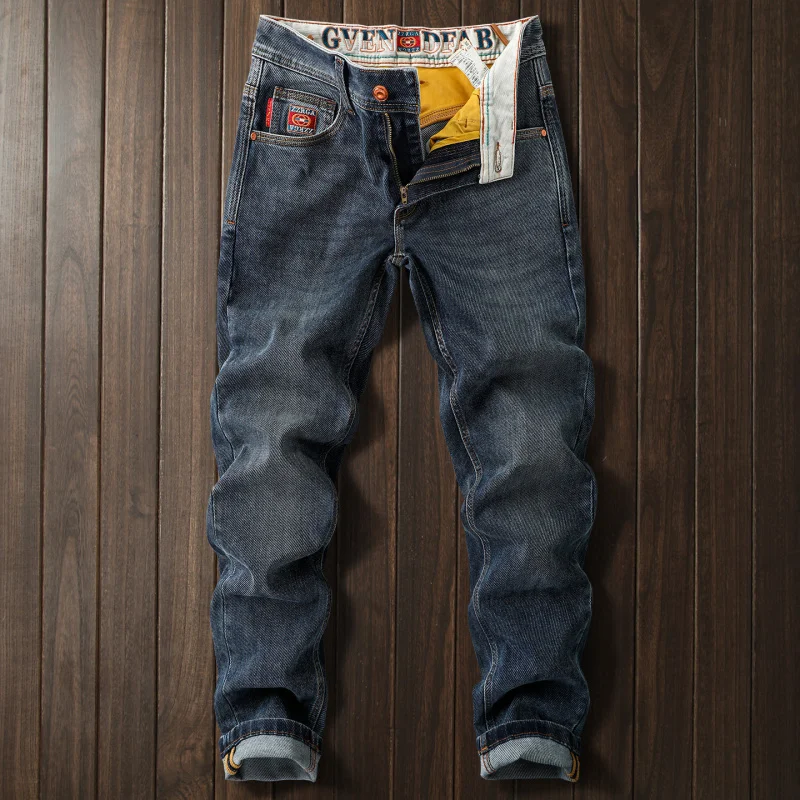 

High end fashion jeans for men, slim fit trend, embroidered flowers, casual stretch, small feet, retro blue pants