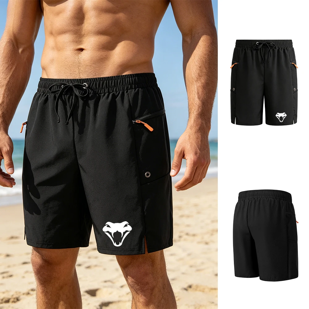 Men's Surfing Beach Shorts Elastic Quick Drying Snake Head Print Drawstring Waist Zippered Pockets Running And Sports Shorts