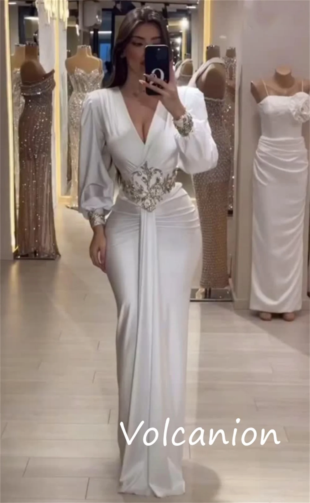 Customized Chinese Style Charmeuse Sequined Pleat Straight V-neck Long Dresses Bespoke Occasion Exquisite