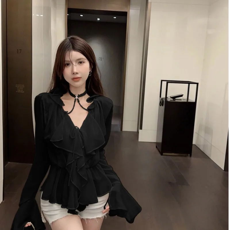 Tie Up Crop Tops Women Long Flare Sleeve V Neck Ruffle Tops and Blouse Summer See Through Sexy Casual Shirts Female