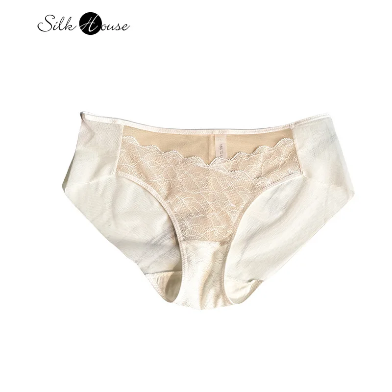 

Ultra-thin Hip Hugging Women's Underwear Natural Mulberry Silk High Elasticity Seamless Lace Patchwork Sexy Triangle Pants