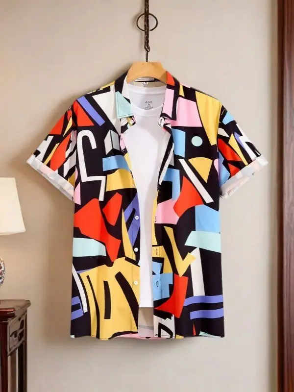 

Модная рубашка унисекс с короткими рукавами и принтом в гонконгском стиле, повседневная универсальная высококачественная красивая рубашка для пар с контрастным цветом