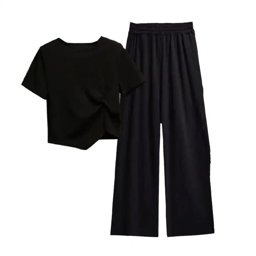 2Pcs/Set Trendy Lady Tracksuit Wide Leg Summer T-shirt Pants Set Knot Decor Daily Wear Workout Top Trousers Suit