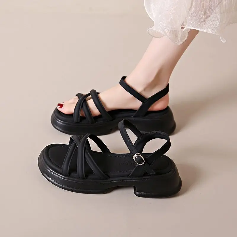 Footwear Outdoor Sandals for Woman Beige Summer 2024 Beach Women\'s Shoes Platform with Medium Heels Comfortable and Elegant Shoe