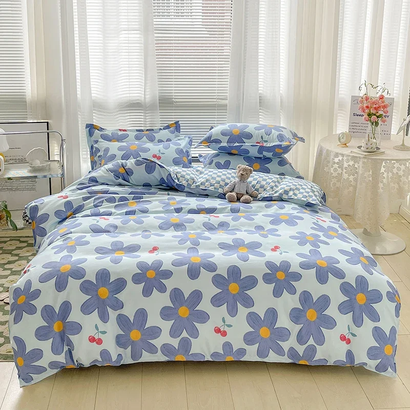 Cute Floral Duvet Cover Set Queen Bedding Cartoon Blue Flowers Print Kawaii Botanical Comforter Covers for Kids Girls Boys Woman