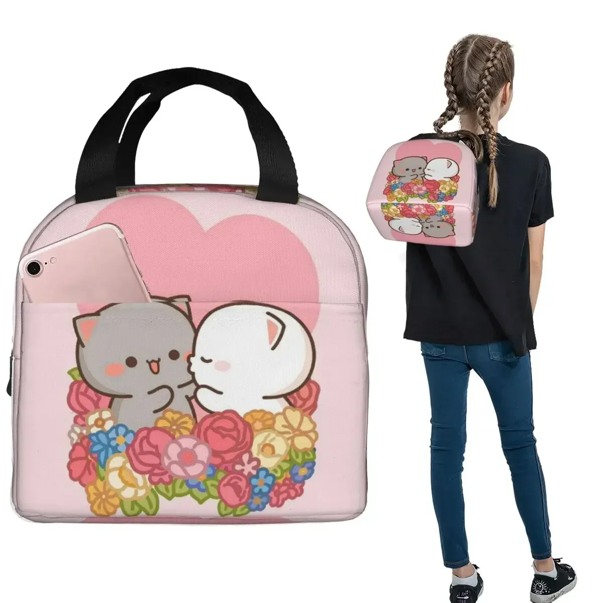 Cute Mochi Peach Cat Insulated Lunch Bag for Women Kids Portable Food Boxes Thermal Lunch Box Tote