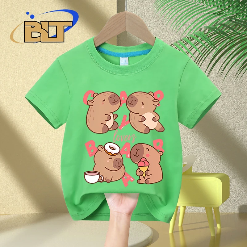 Kawaii capybara lovers cartoon print kids T-shirt summer children's cotton short-sleeved casual tops for boys and girls