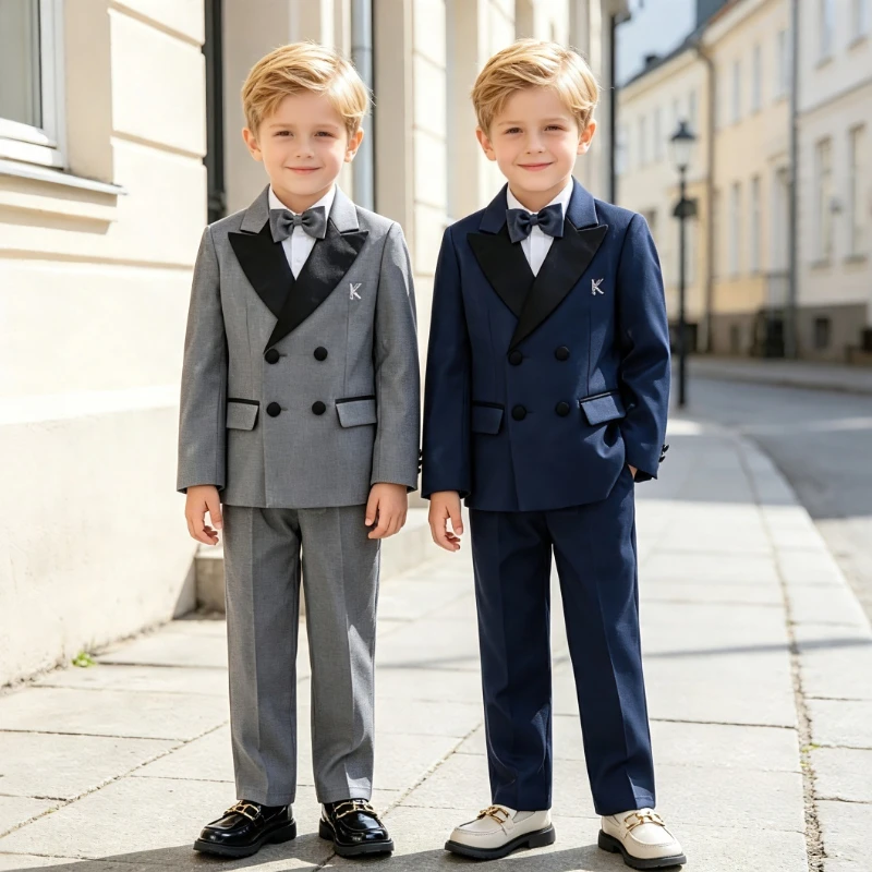 Boys Shiny Tuxedo Suit Set Double Breasted Blazer with Contrast Lapel Kids Formal Performance Outfit Wedding Party Clothes 1-12Y
