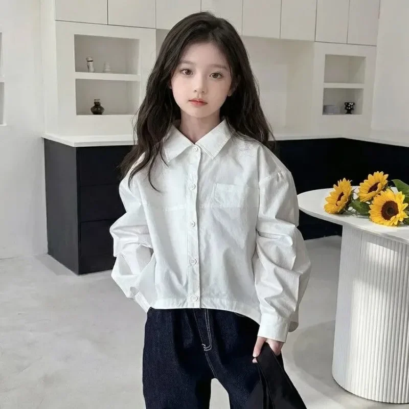 

Girls' Irregular Shirt Spring/Summer Solid Color Blouse Children's White Long Sleeve Shirt Kids Coat 120-170cm 2026 New