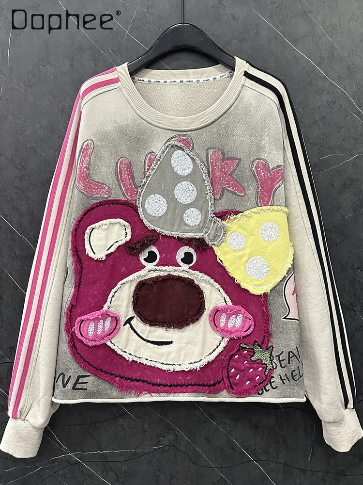 

2025 Autumn New Heavy Patch Sweet Cartoon Bear Round Neck Pullover Sweatshirt Women Loose Casual Versatile Top Sweatshirts