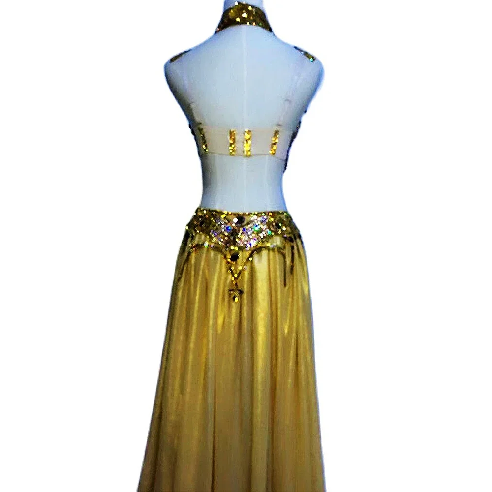 Zestaw bikini z łańcuszkiem zdobionym dżetami, błyszczący kostium sceniczny, damski strój do klubu nocnego, taneczny, prześwitujący, z trenem z siateczki.