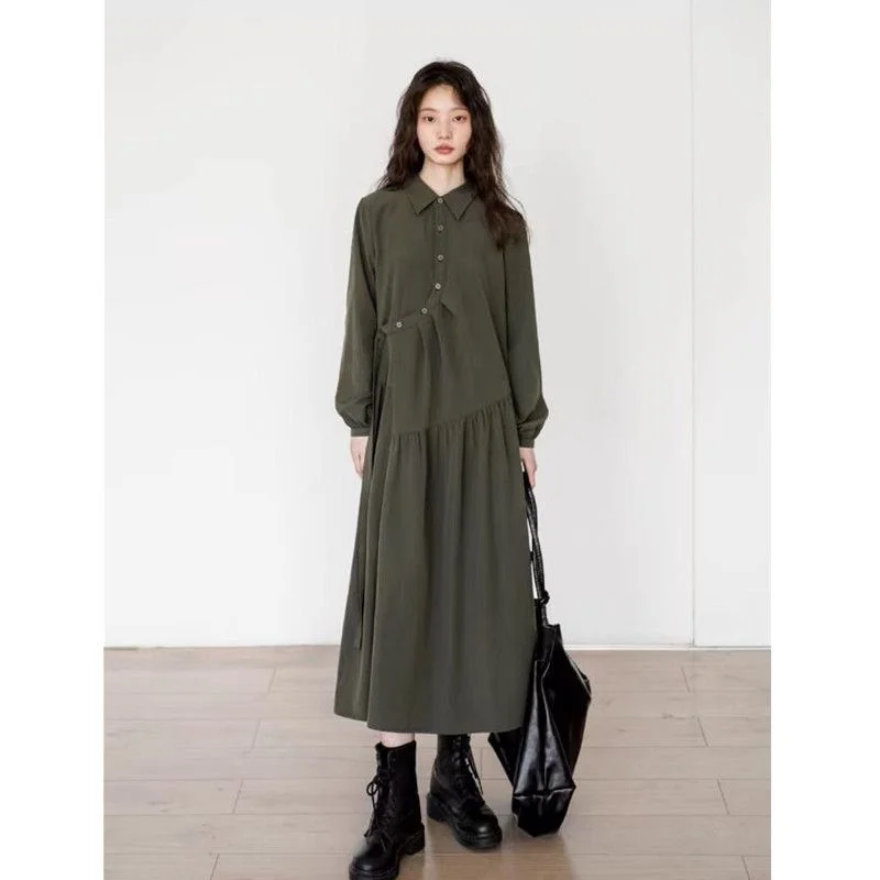 

Юбка А-силуэта средней длины для женщин больших размеров, осенняя, универсальная, с длинным рукавом, воротником, в корейском стиле, для повседневной носки