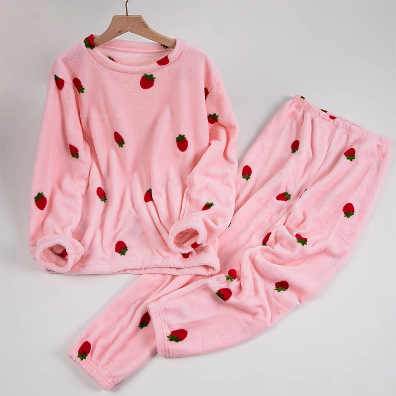 طقم بيجامة نسائي مريح من الصوف مع طباعة فراولة - ملابس نوم ناعمة ودافئة سميكة، مثالي لخريف/شتاء، بيجامة منزلية لطيفة