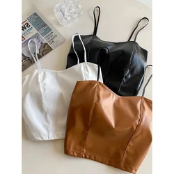 Women PU leather camis underwear padded bra sexy tops Y2K crop tops elastic lace at back tank tops for women streetwear
