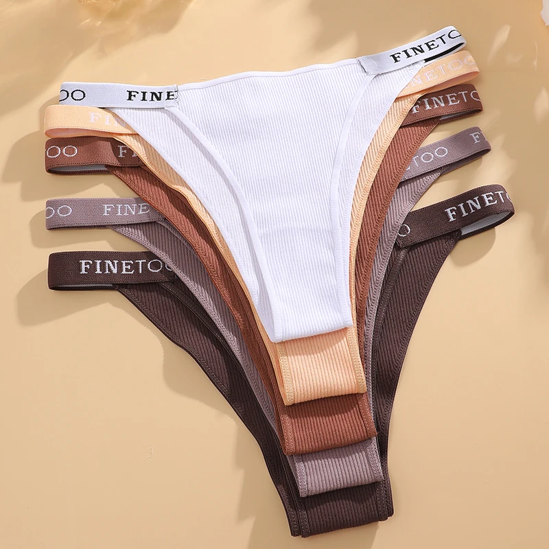 4Pcs/set Women Cotton Ribbed Striped Thongs Female Sexy FINETOO Letter Panties Breathable Underpants Low-Waist G-string Lingerie