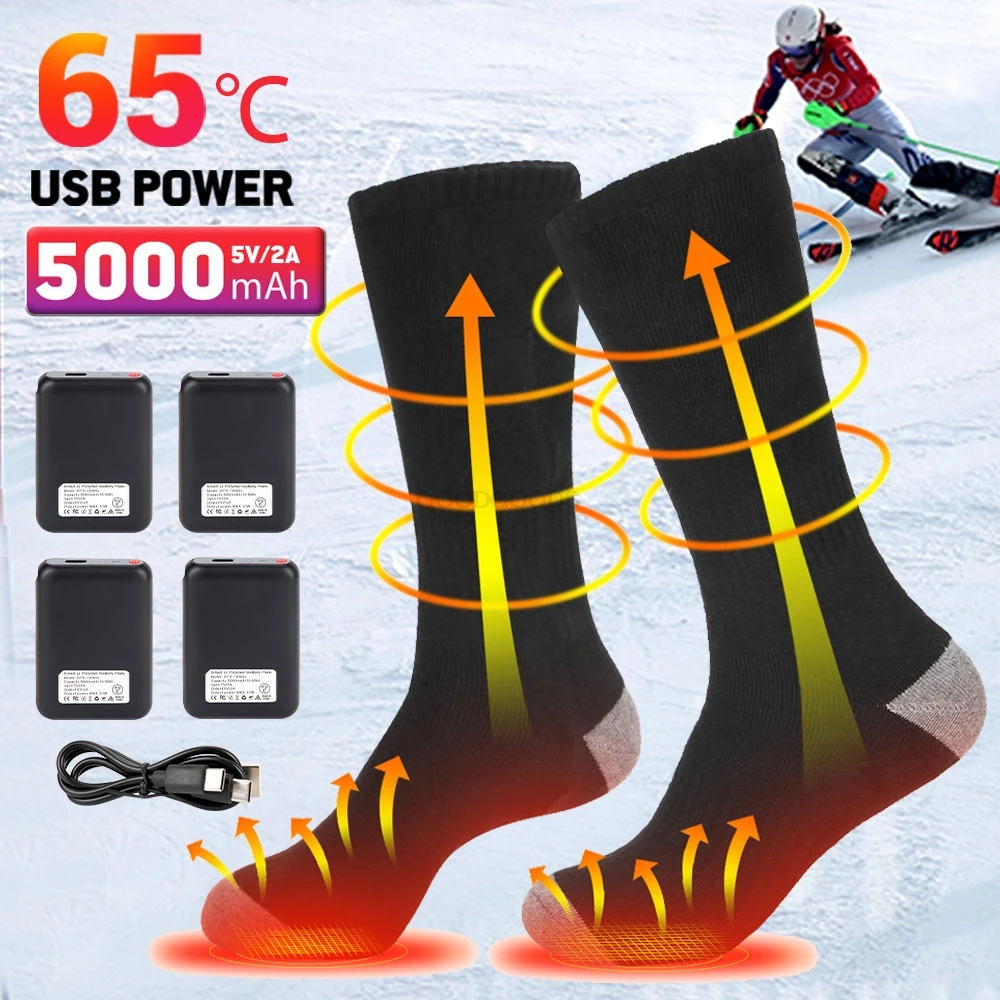 Chaussettes chauffantes rechargeables USB pour camping en plein air, bottes de ski métropolitaines, chaussette de motoneige, chaleur d'hiver, 5000mAh