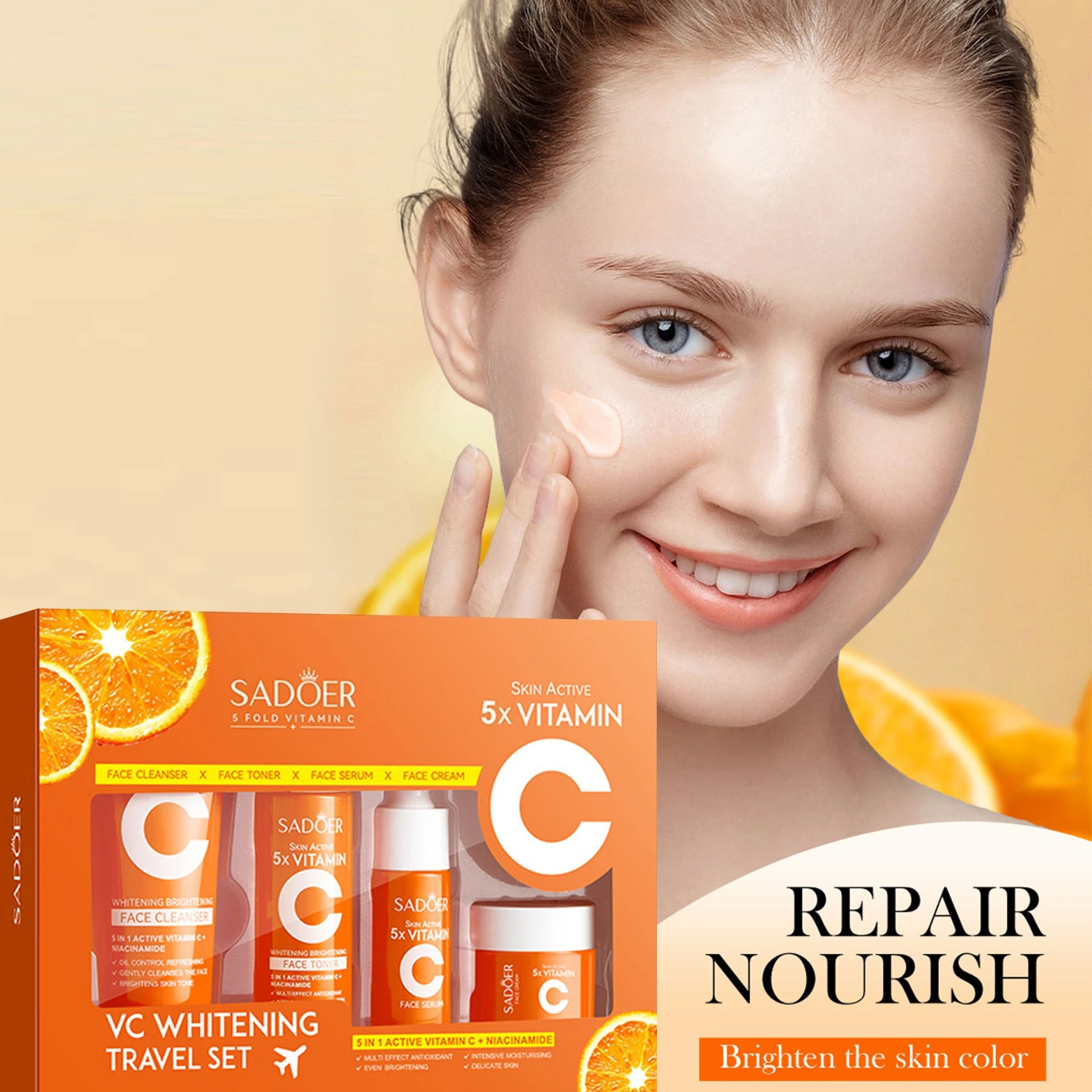 

Skin Care Kit Five-fold Vitamin C Whitening Moisturizing Hydrating Brightening Skin Tone Antioxidant Travel Kit Skincare