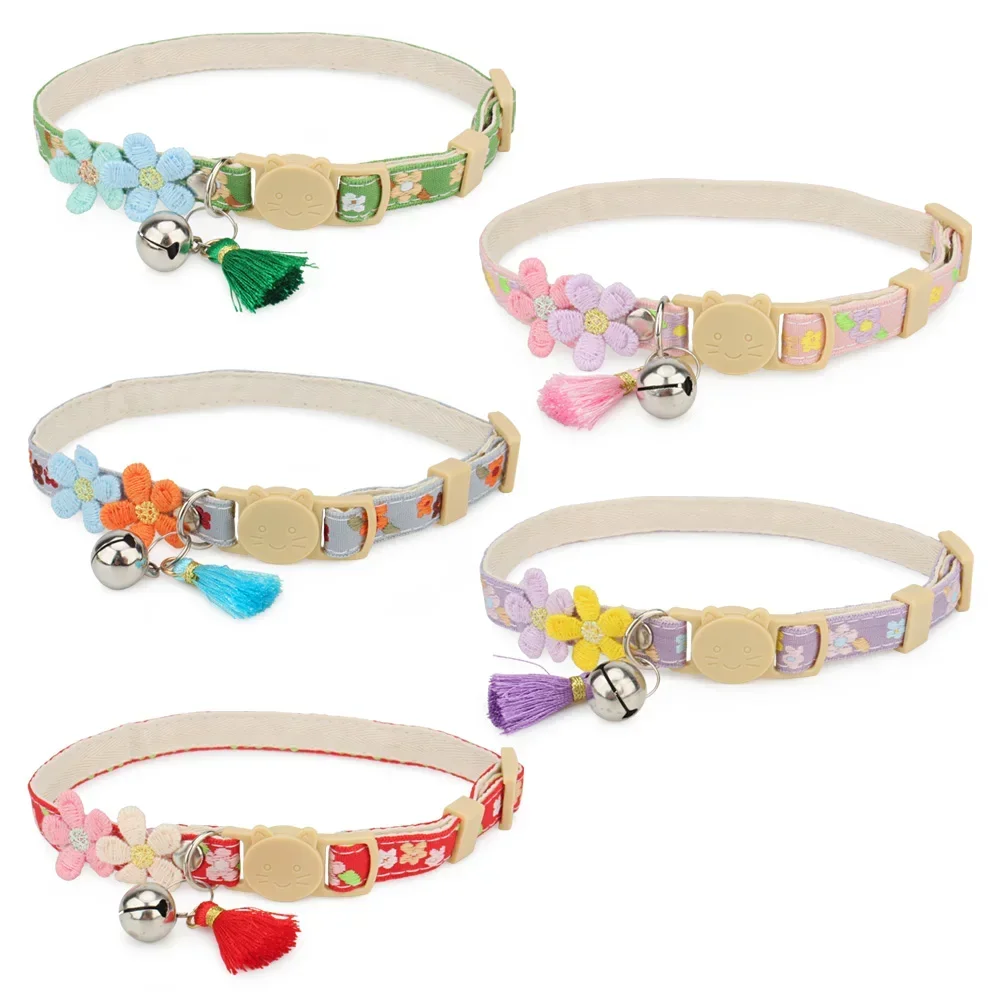 Pet Cat Collar with Bell Lace Flower Pet Collar Tassel Pendant Quick Release Buckle To Prevent Choking Cats Puppy Supplies